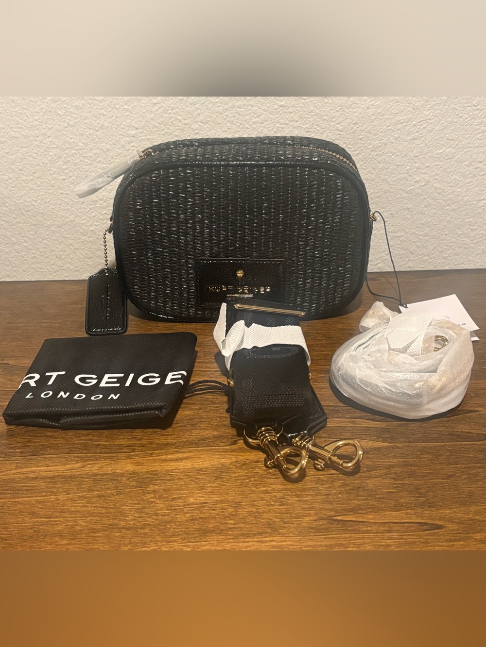 Kurt Geiger Black Woven Leather Crossbody Bag with Gold Hardware